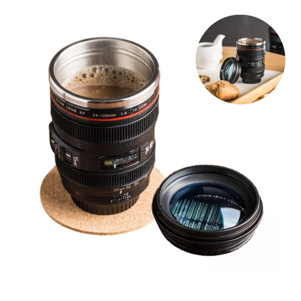 Krūze objektīvs, termokrūze ar vāciņu.