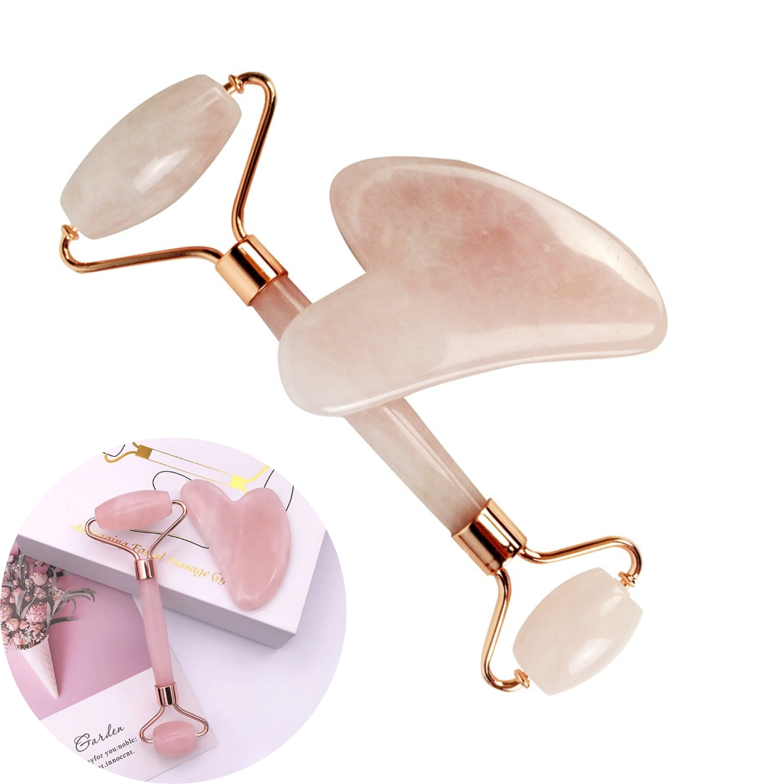 Nefrīta rullītis, jade roller ar gua sha rozā kvarcs, sejas masieris