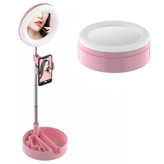 Spogulis gredzenveida lampa ar telefona turētāju