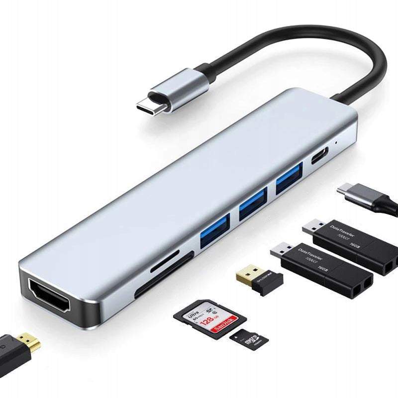 USB Type-C adapteris, sadalītājs 8in1 (3x USB 3.0, HDMI, Type-C, SD)