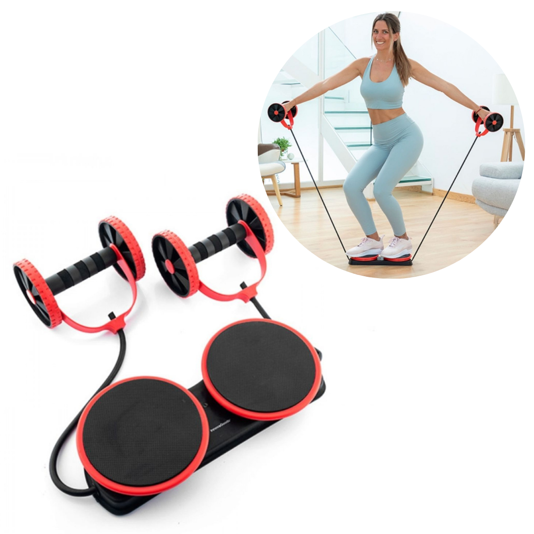 Trenažieris ar pretestības gumijām un rotējošiem diskiem, vēdera muskuļiem, kājām, gurniem