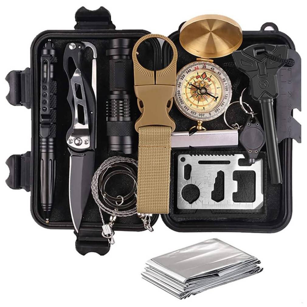 Izdzīvošanas komplekts 10 piederumi (daudzfunkcionālā vizītkarte, nazis, taktiskā pildspalva, lukturis)