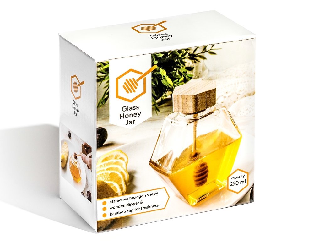 Sešstūra medus burka ar koka kausu