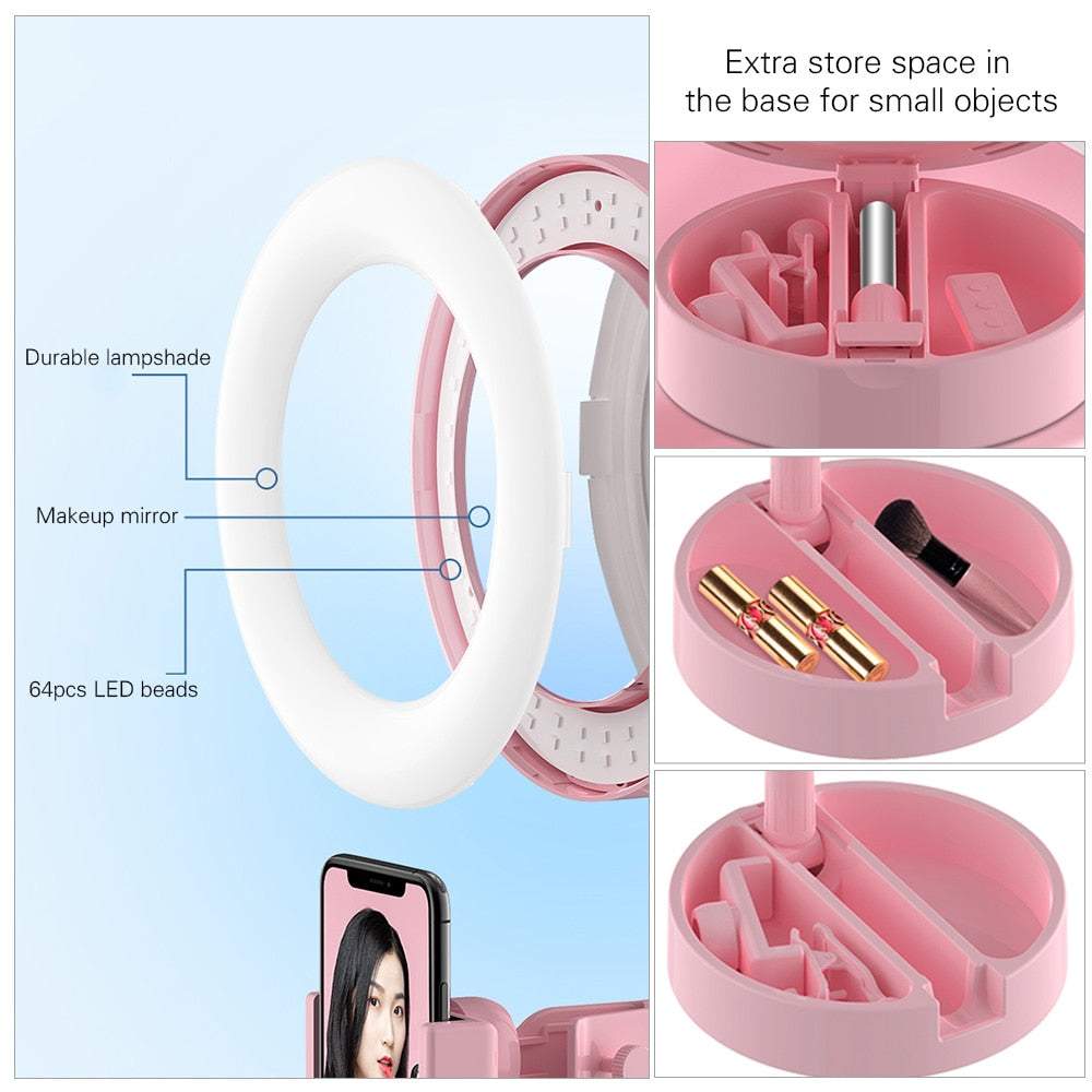 Spogulis gredzenveida lampa ar telefona turētāju