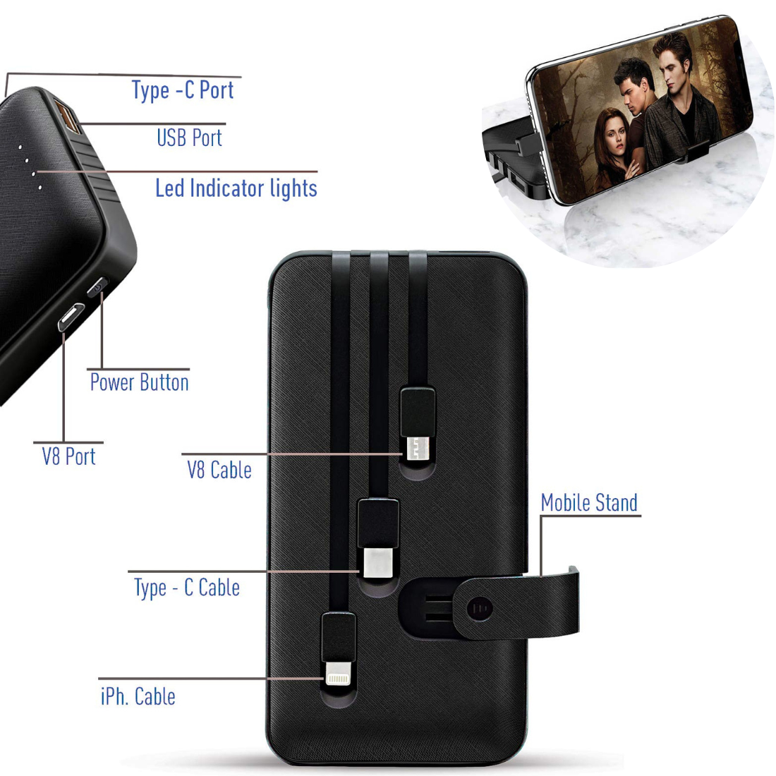 Ārējais akumulators  4in1 IOS / iPhone, Type C, MicroUSB un telefona statīvs 10000mAh