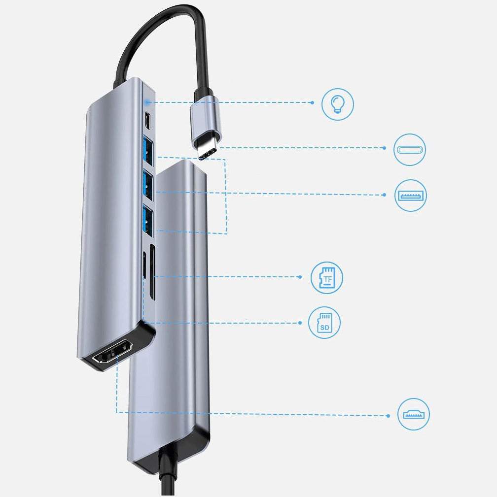 USB Type-C adapteris, sadalītājs 8in1 (3x USB 3.0, HDMI, Type-C, SD)