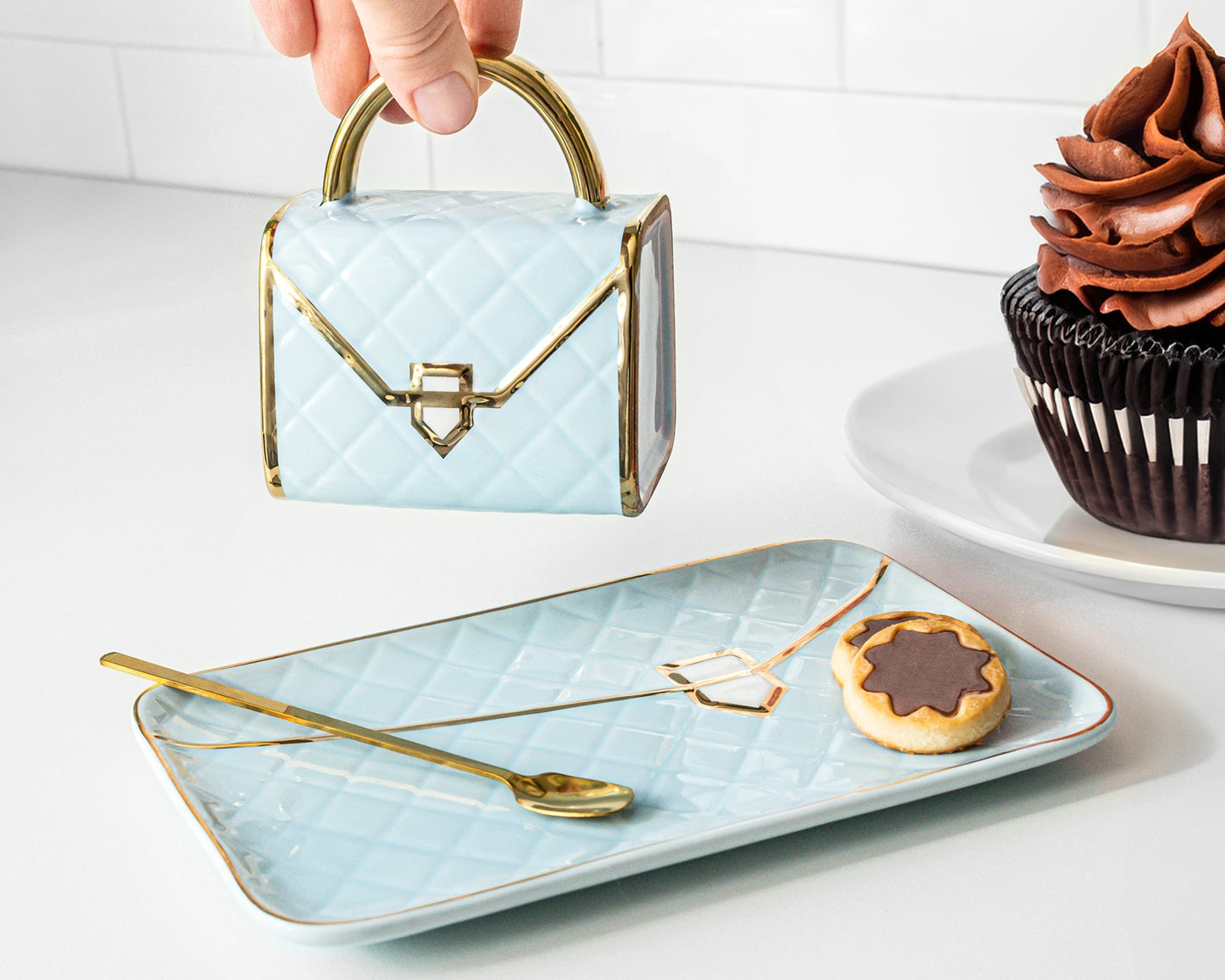 Krūzes komplekts ar karoti un apakštasīti - keramikas somiņa