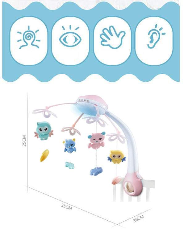 Bērnu karuselis ar rotaļlietām iemigšanai 5in1, ar zvaigžņu projektoru un melodiju atskaņotāju