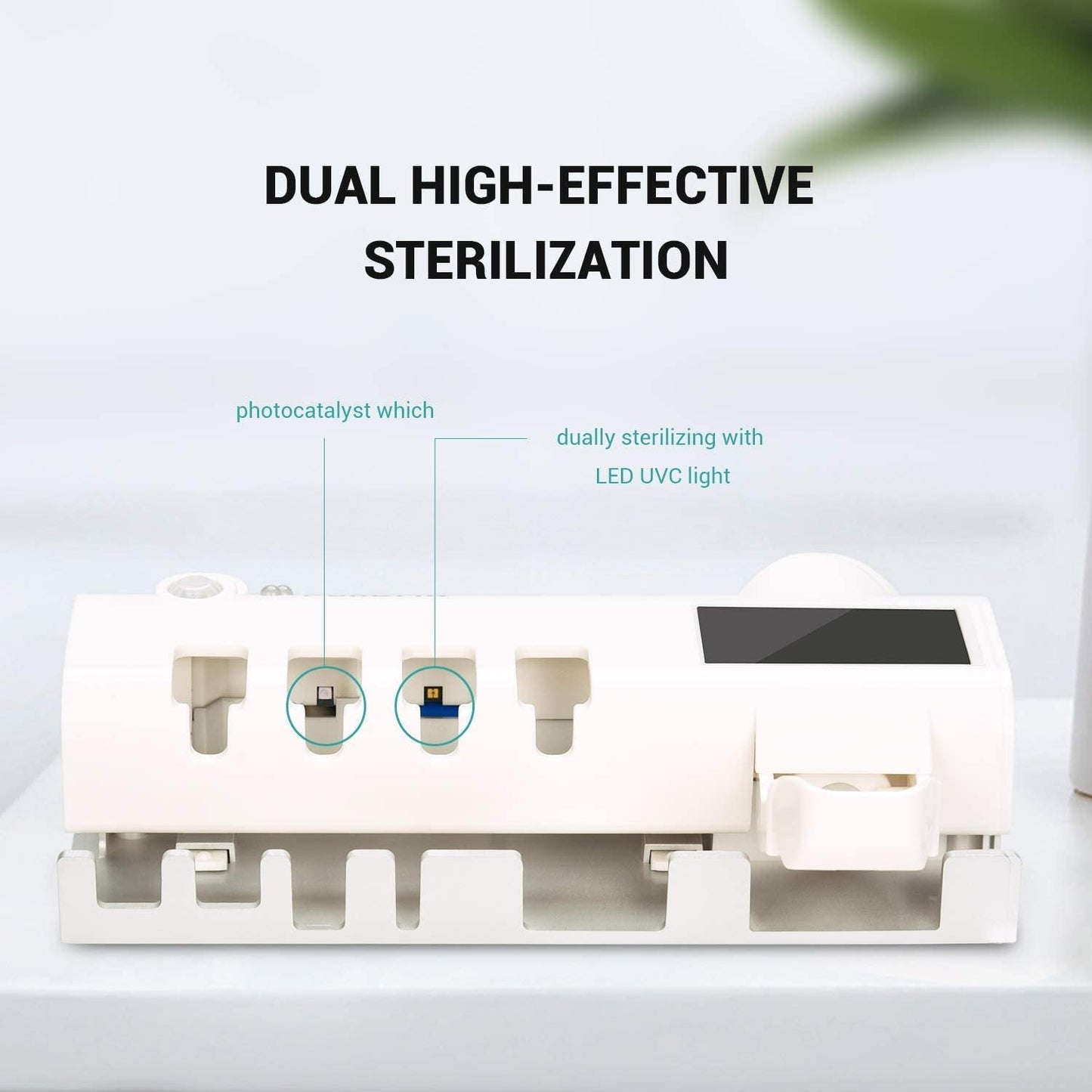 Zobu birstes turētājs ar UV sterilizatoru un zobu pastas dozatoru, piestiprināms pie sienas