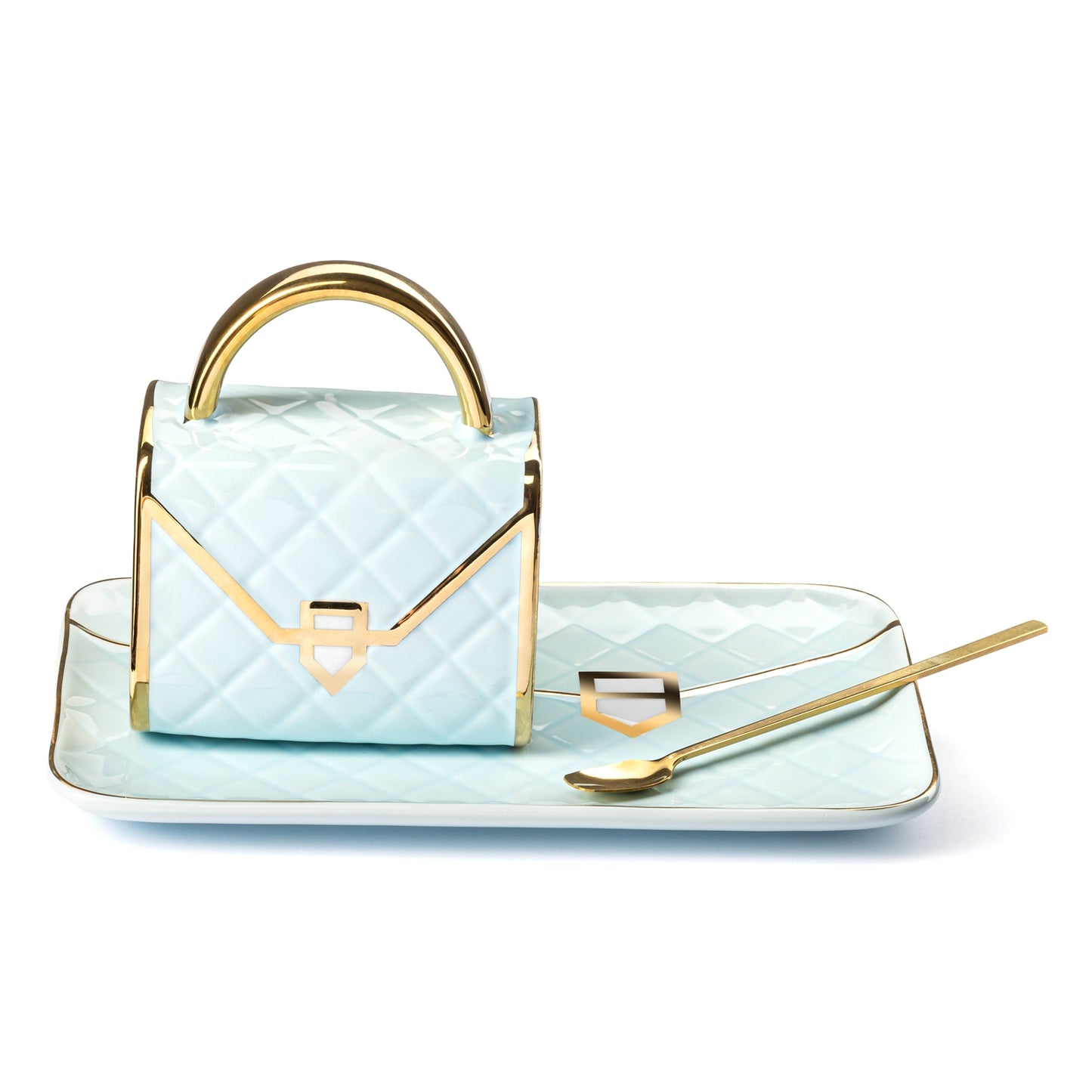 Krūzes komplekts ar karoti un apakštasīti - keramikas somiņa