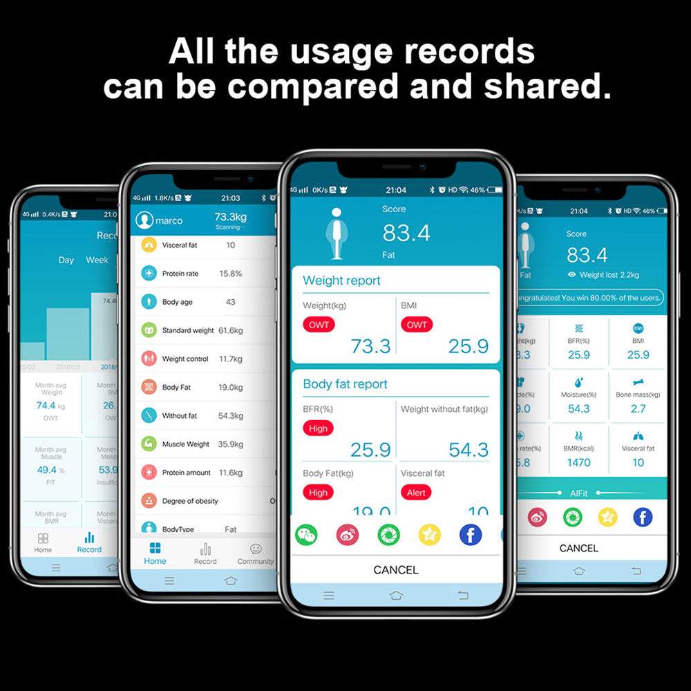 Ķermeņa gudrie Bluetooth svari ar telefona aplikāciju melnā krāsā