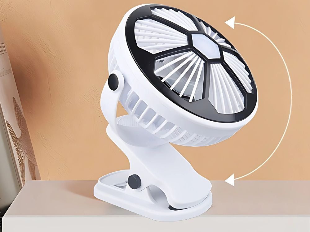 Galda ventilators ar stāvošu klipša ventilatoru un apgaismojumu, 3 uzlādējami režīmi