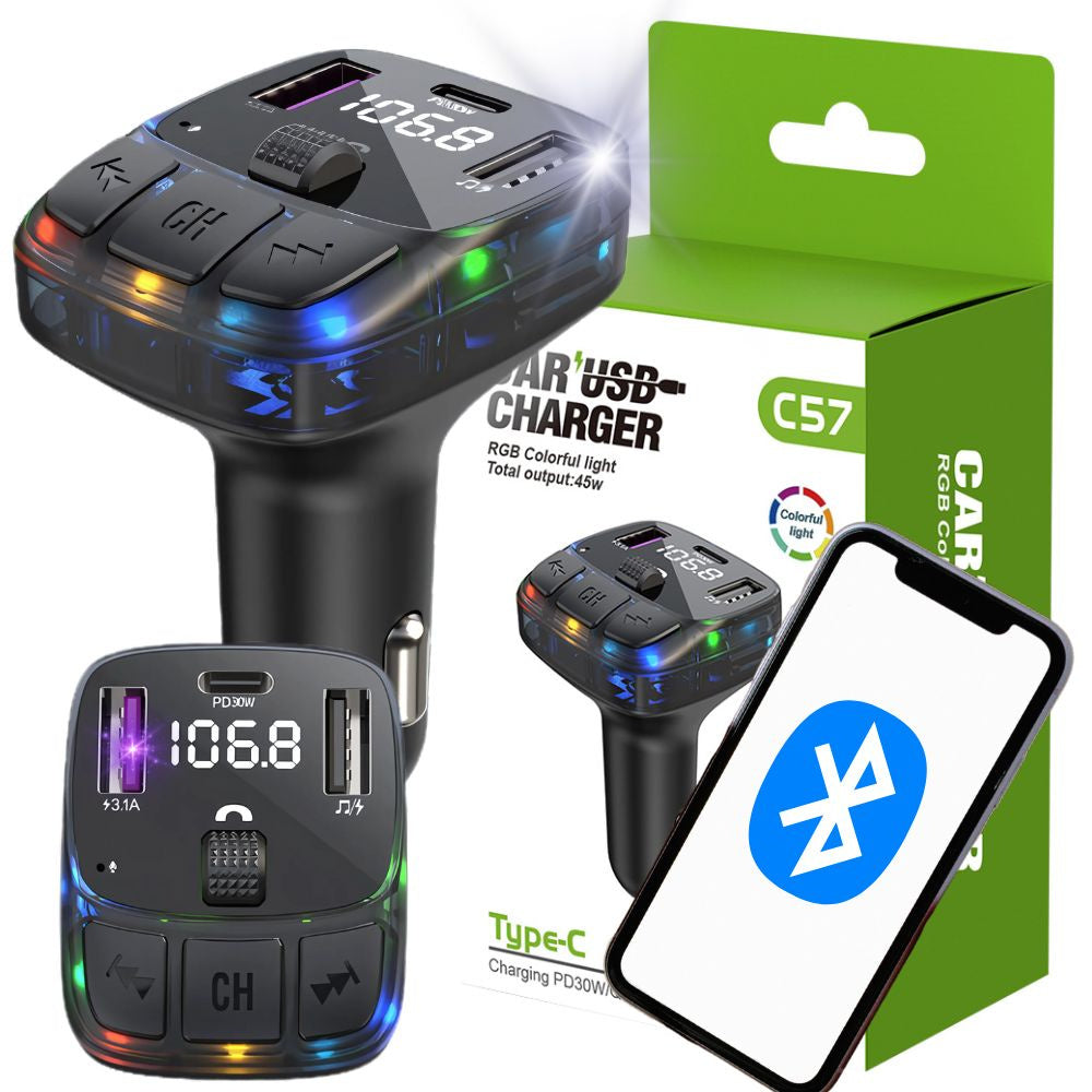 Automašīnas mp3/wma raidītājs 2xusb + usb c bluetooth 5.3 led qc 3.0