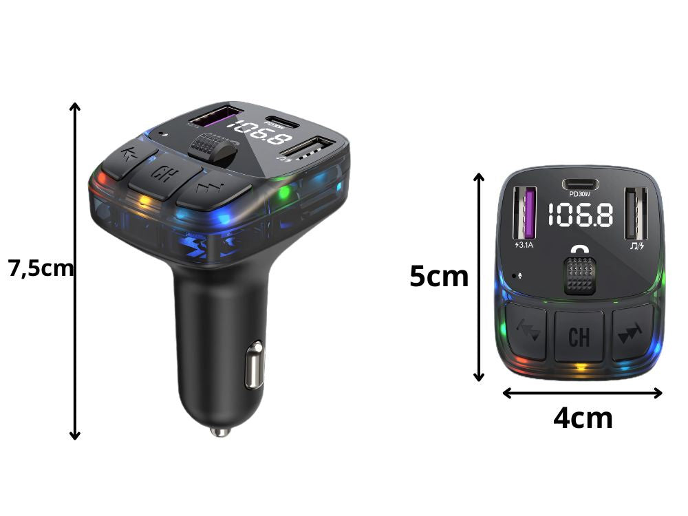 Automašīnas mp3/wma raidītājs 2xusb + usb c bluetooth 5.3 led qc 3.0