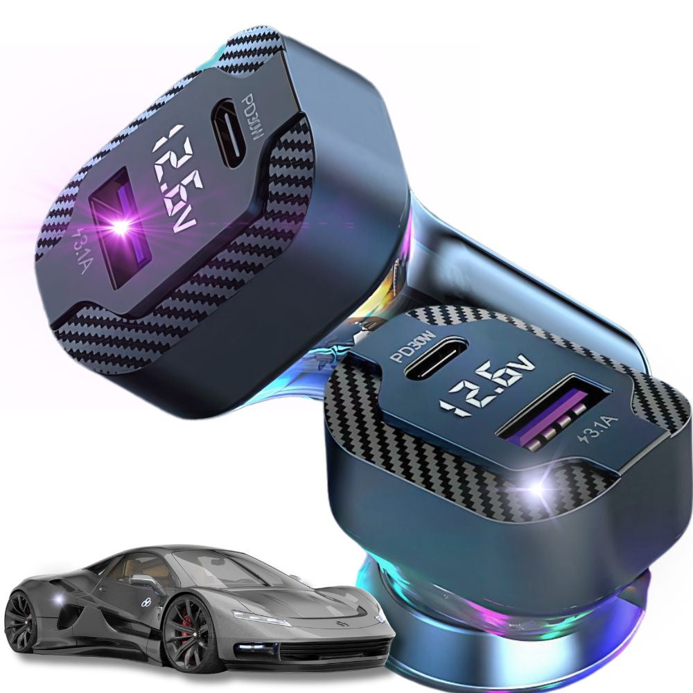 Ātrais automašīnas lādētājs USB-C 30W un USB-A 15W cigarešu šķiltavas ligzdai