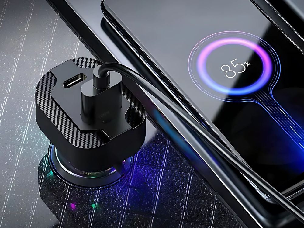 Ātrais automašīnas lādētājs USB-C 30W un USB-A 15W cigarešu šķiltavas ligzdai