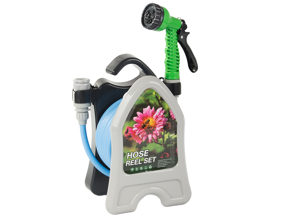 Dārza laistīšanas šļūtene uz statīva ar spirālveida smidzināšanas pistoli 10 m