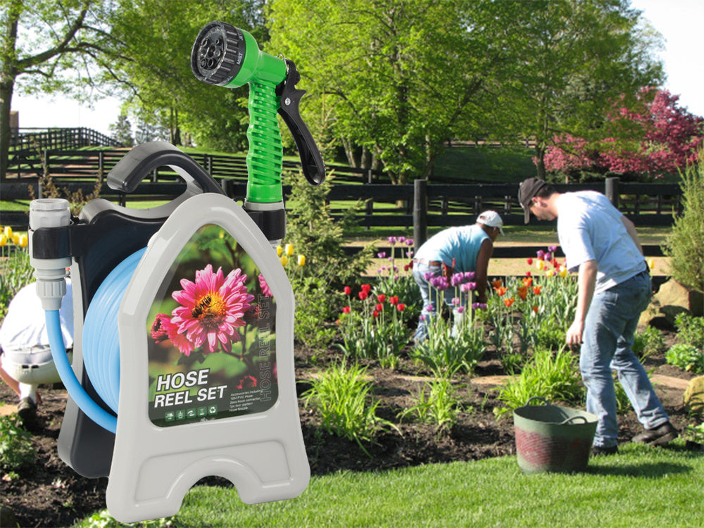 Dārza laistīšanas šļūtene uz statīva ar spirālveida smidzināšanas pistoli 10 m