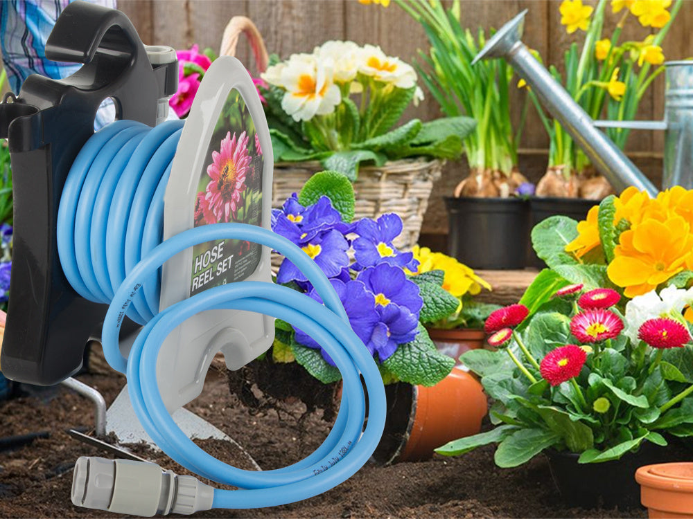 Dārza laistīšanas šļūtene uz statīva ar spirālveida smidzināšanas pistoli 10 m