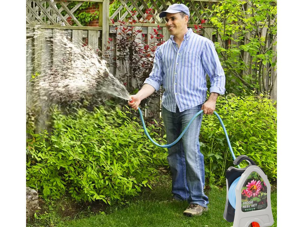 Dārza laistīšanas šļūtene uz statīva ar spirālveida smidzināšanas pistoli 10 m