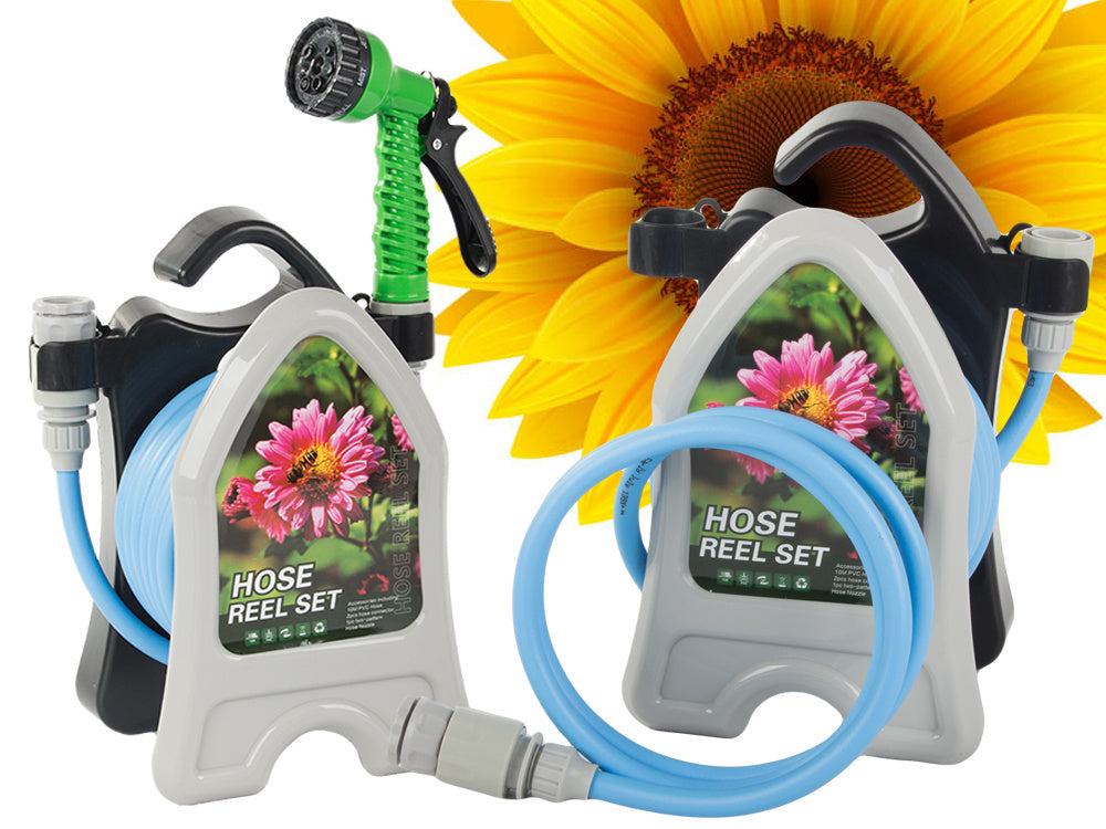 Dārza laistīšanas šļūtene uz statīva ar spirālveida smidzināšanas pistoli 10 m