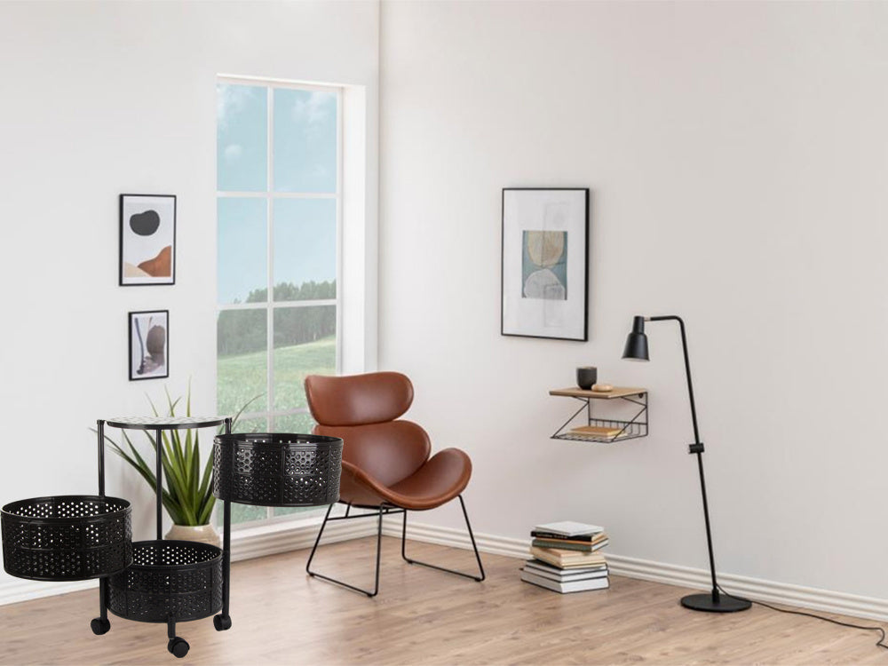 Virtuves plauktu skapis uz riteņiem, mobilais ratiņu galds, 3 līmeņu grozs