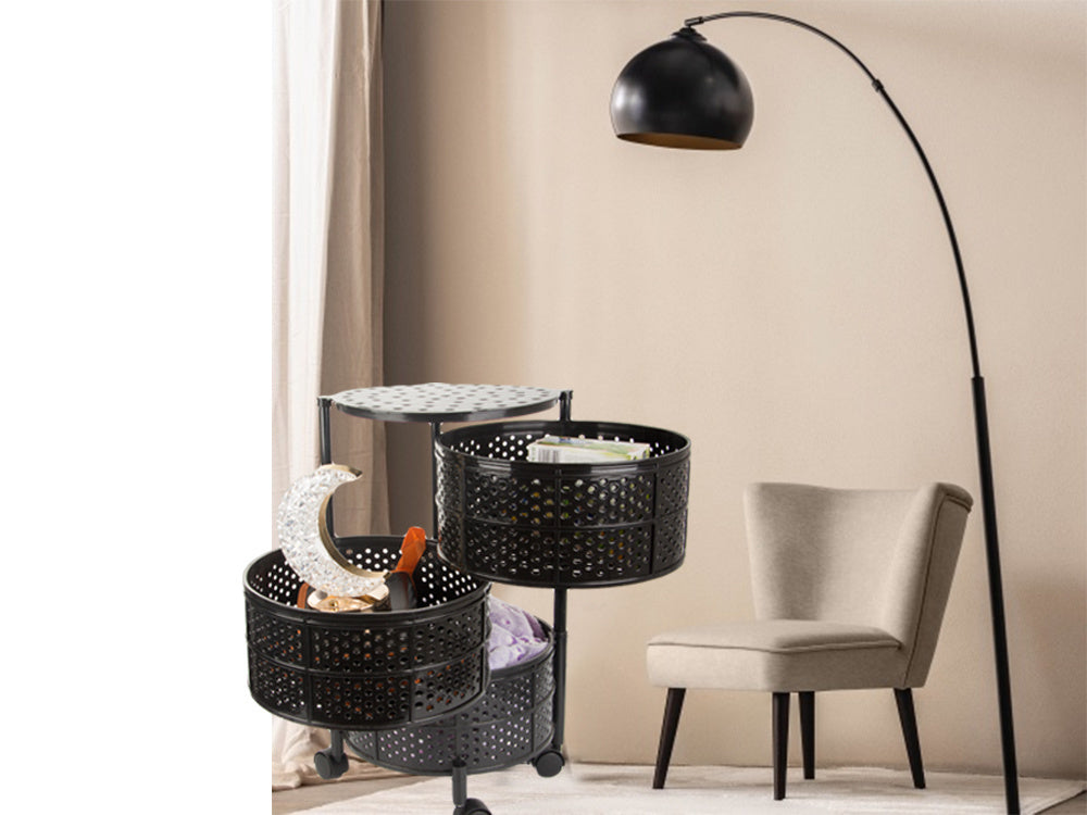 Virtuves plauktu skapis uz riteņiem, mobilais ratiņu galds, 3 līmeņu grozs