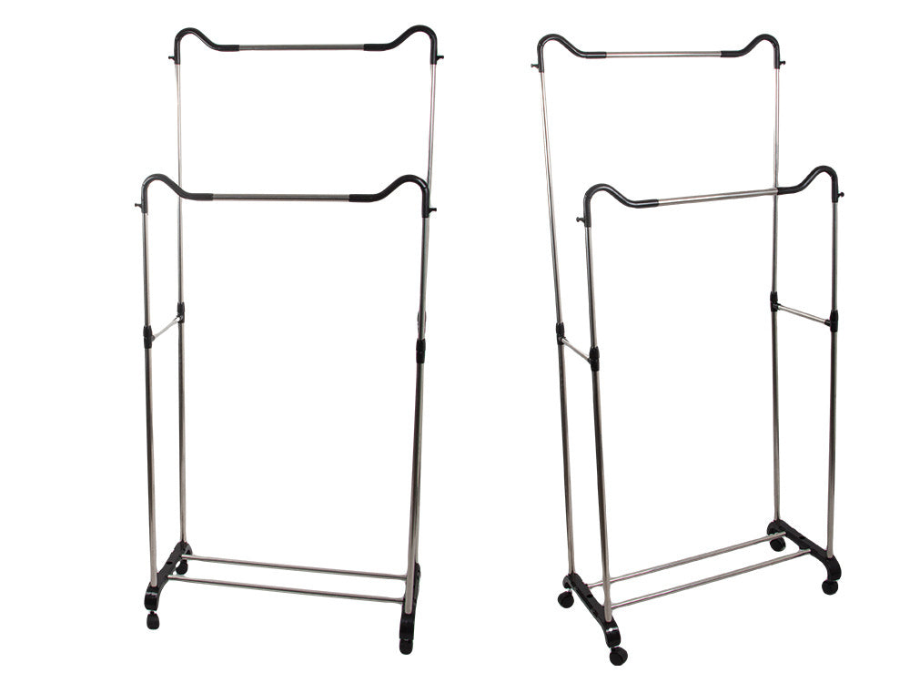 Mobilais drēbju pakaramais ar dubultiem plauktiem uz riteņiem