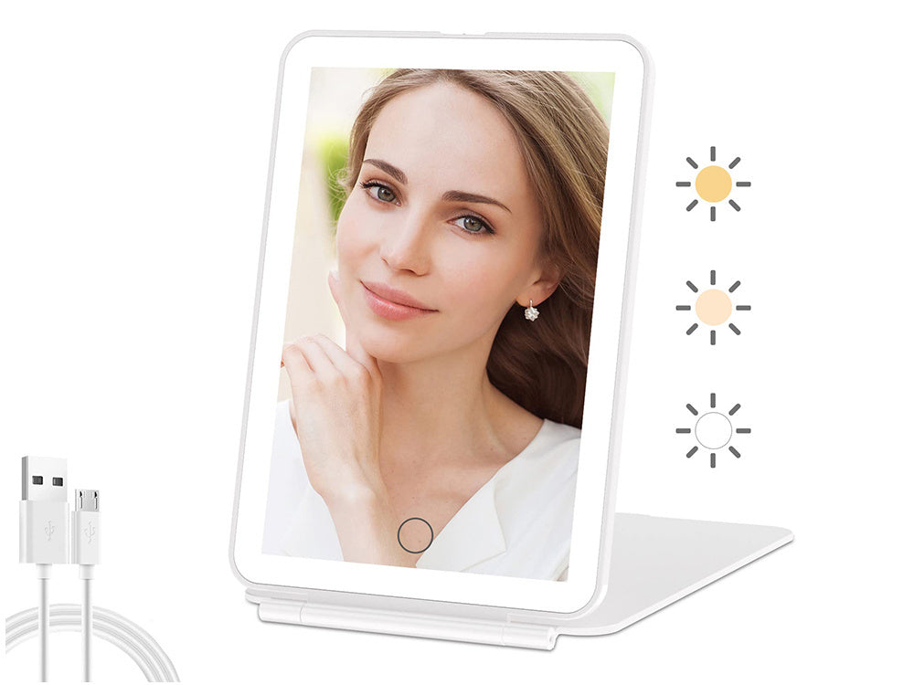 Gaismas diodes apgaismots grima spogulis, salokāms ceļojumu spogulis