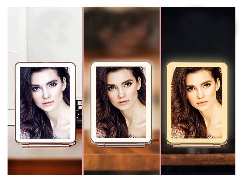 Gaismas diodes apgaismots grima spogulis, salokāms ceļojumu spogulis