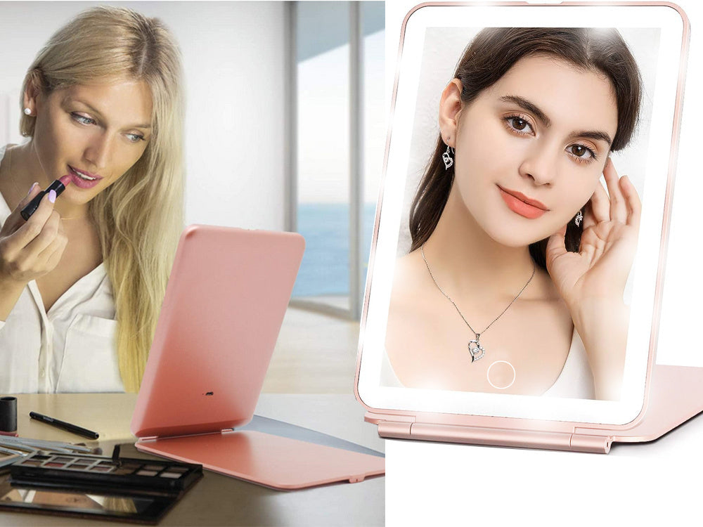 Gaismas diodes apgaismots grima spogulis, salokāms ceļojumu spogulis