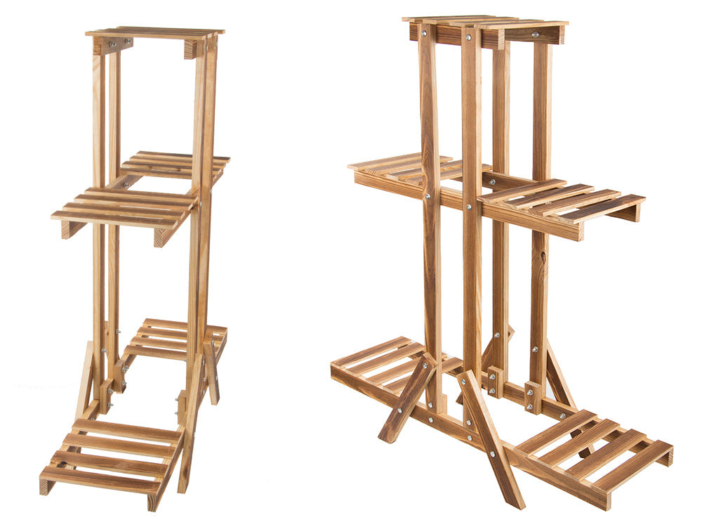 Trīspakāpju puķu podu statīvs koka puķu podiem