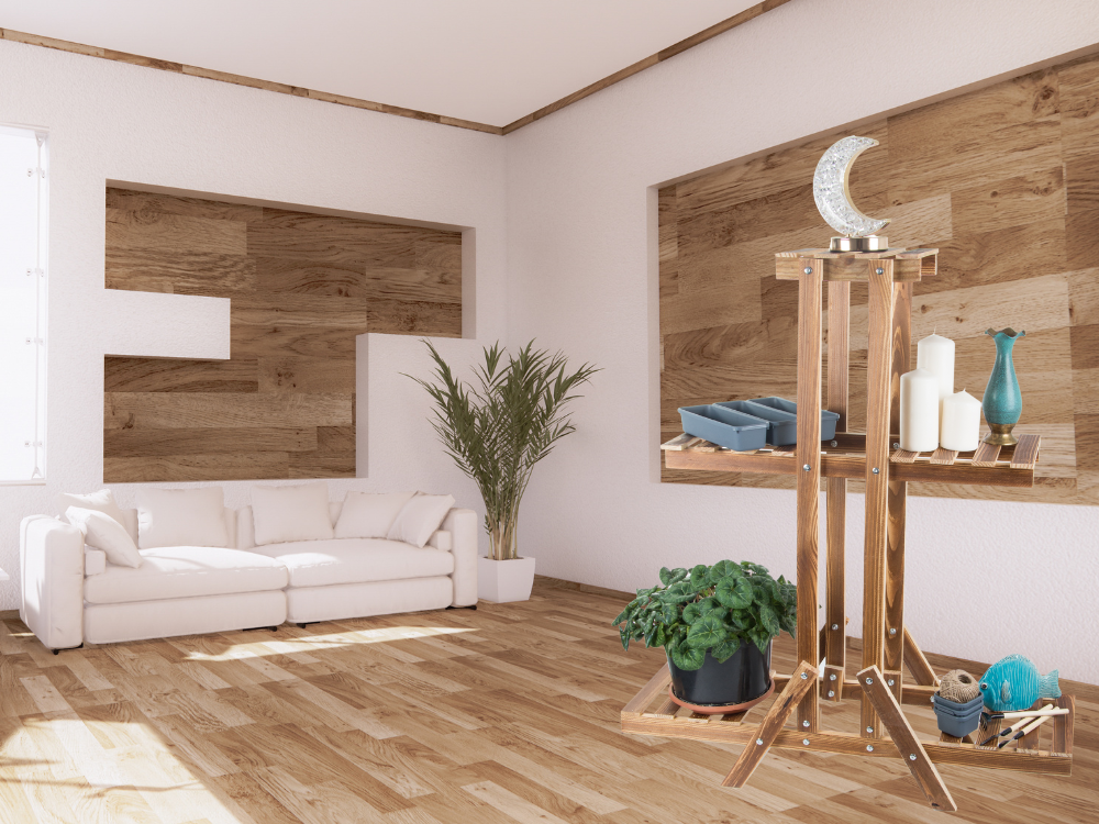 Trīspakāpju puķu podu statīvs koka puķu podiem