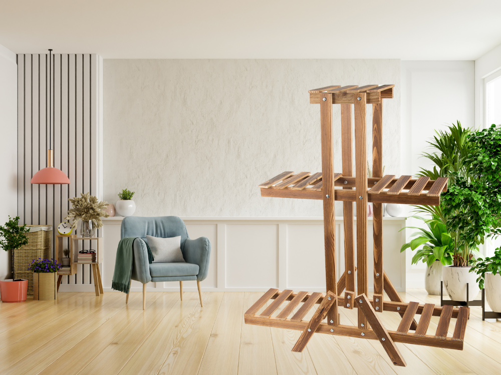 Trīspakāpju puķu podu statīvs koka puķu podiem