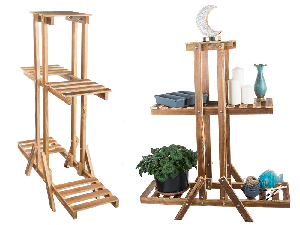 Trīspakāpju puķu podu statīvs koka puķu podiem