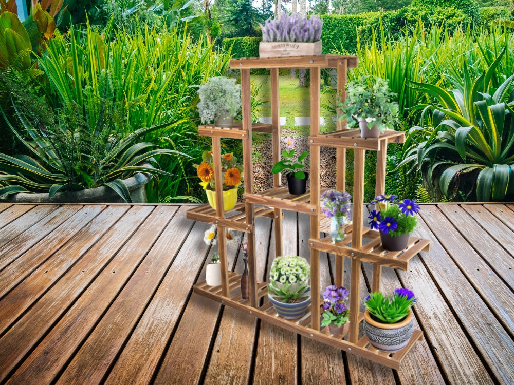 Augsta stāvoša koka puķu dobe ar 3 līmeņiem, grāmatu plaukts