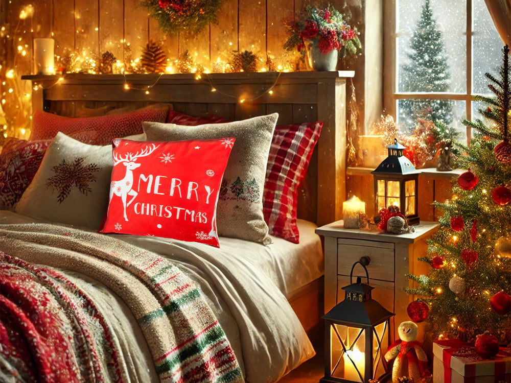 Ziemassvētku spilvena pārvalks 45x45 Ziemassvētkiem, ziemeļbriedis, sarkans