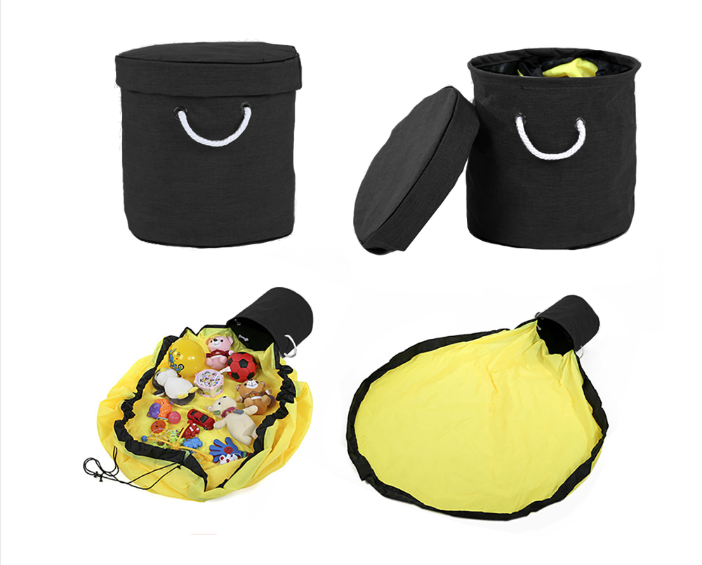 Rotaļu atkritumu klucīši ar paklājiņa organizatora maisiņu, rotaļu atkritumu tvertne ar vāka rokturiem