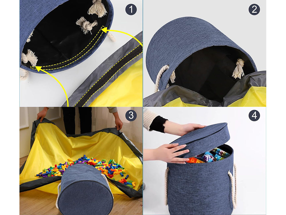 Rotaļu atkritumu klucīši ar paklājiņa organizatora maisiņu, rotaļu atkritumu tvertne ar vāka rokturiem