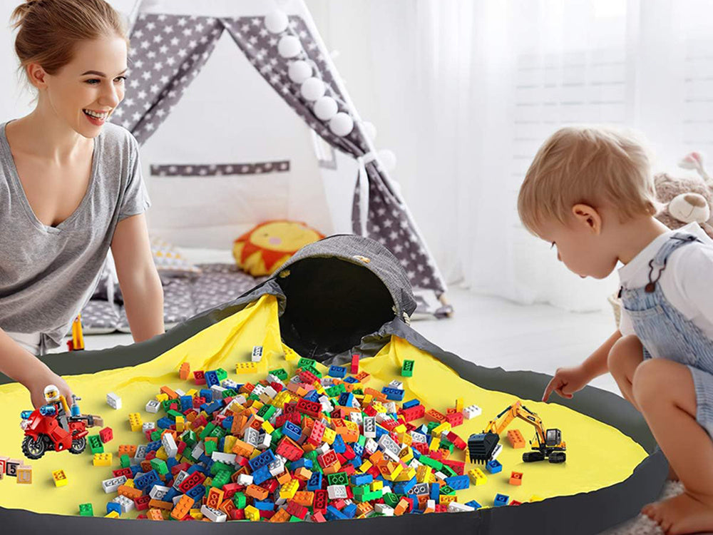 Rotaļu atkritumu klucīši ar paklājiņa organizatora maisiņu, rotaļu atkritumu tvertne ar vāka rokturiem