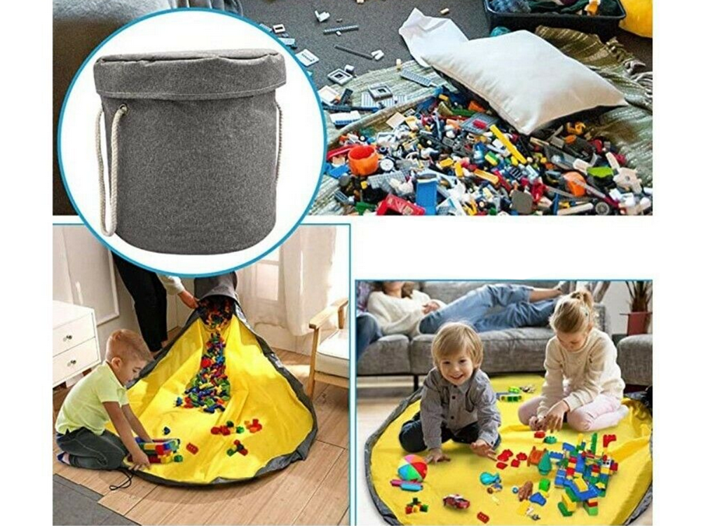 Rotaļu atkritumu klucīši ar paklājiņa organizatora maisiņu, rotaļu atkritumu tvertne ar vāka rokturiem