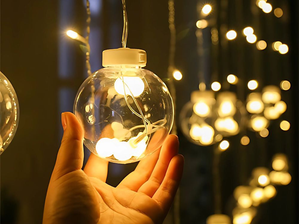 Gaismas aizkars, svētku vītne, bumba, dekorācija, 138 LED, siltas krāsas, IP44