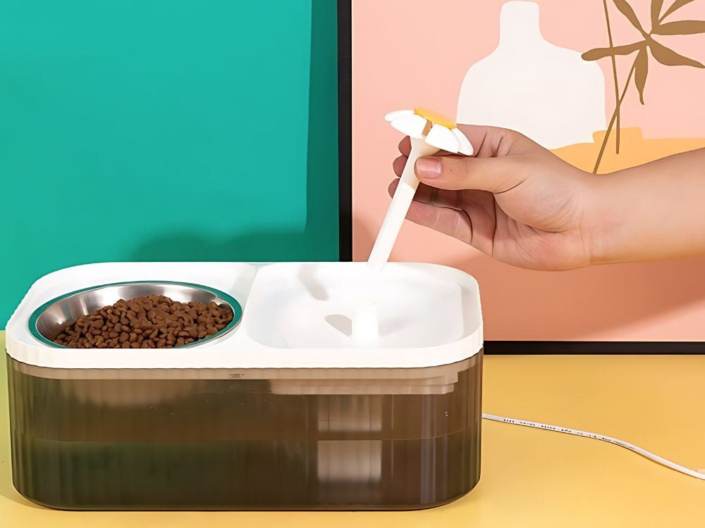 Automātiska kaķu dzirdinātava suņu ūdens strūklaka ar filtru un barības bļodu