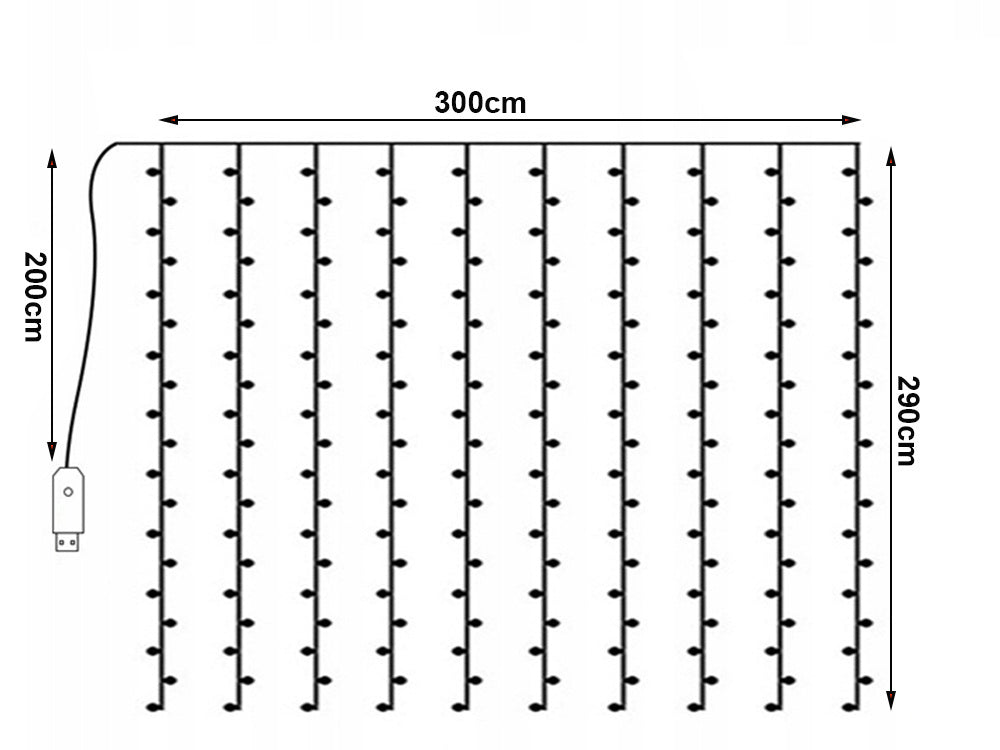Gaismas aizkars 300 LED logam, iekštelpu vītne, aukstas krāsas, tālvadības pults, 3 m
