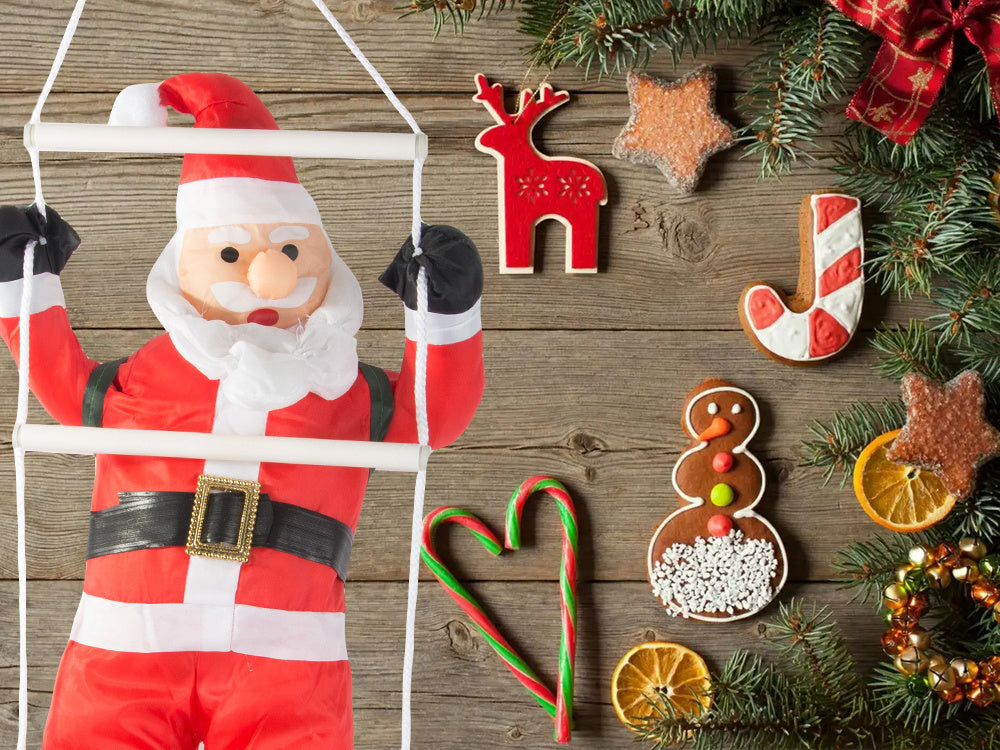 Ziemassvētku vecītis uz kāpnēm, Ziemassvētku rotājums, balkona terases rotājums, 95 cm skurstenis