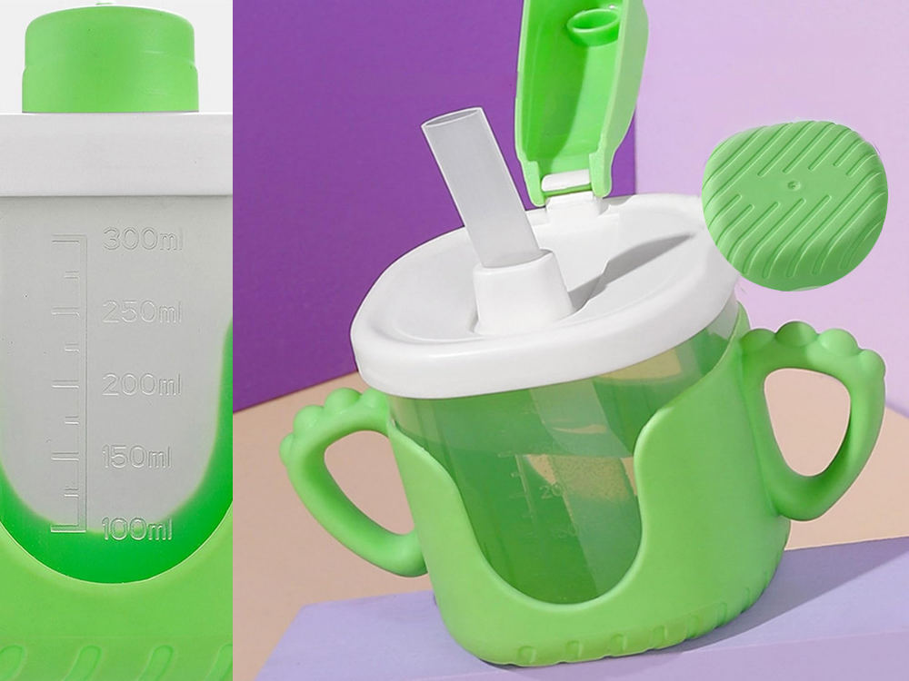 Bērnu dzeršanas krūzīte ar silikona rokturiem, 300 ml, ar salmiņu