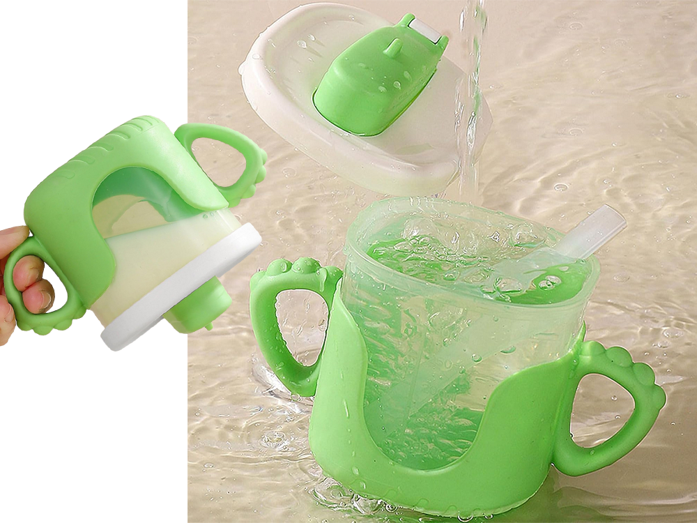 Bērnu dzeršanas krūzīte ar silikona rokturiem, 300 ml, ar salmiņu