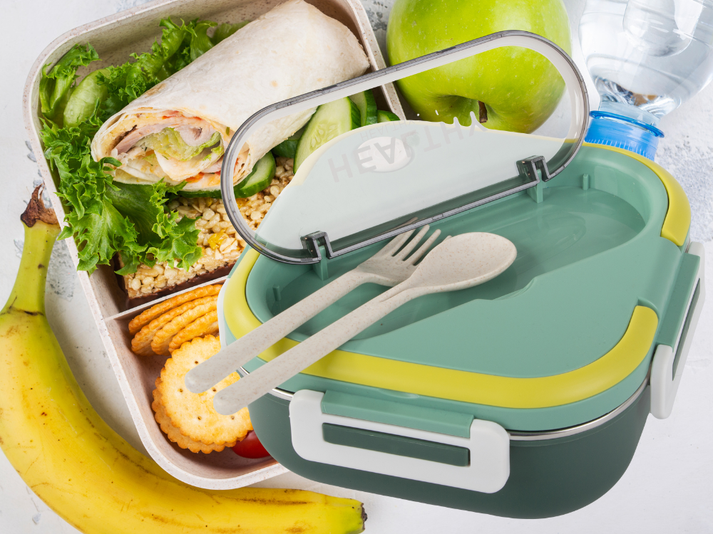 Brokastu kaste ar nodalījumiem, galda piederumu konteiners, pusdienu kaste mikroviļņu krāsnij, 1000 ml