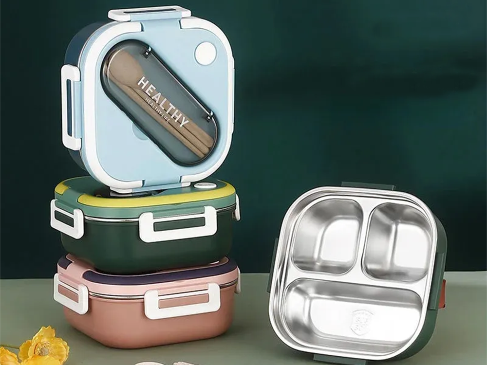 Brokastu kaste ar nodalījumiem, galda piederumu konteiners, pusdienu kaste mikroviļņu krāsnij, 1000 ml