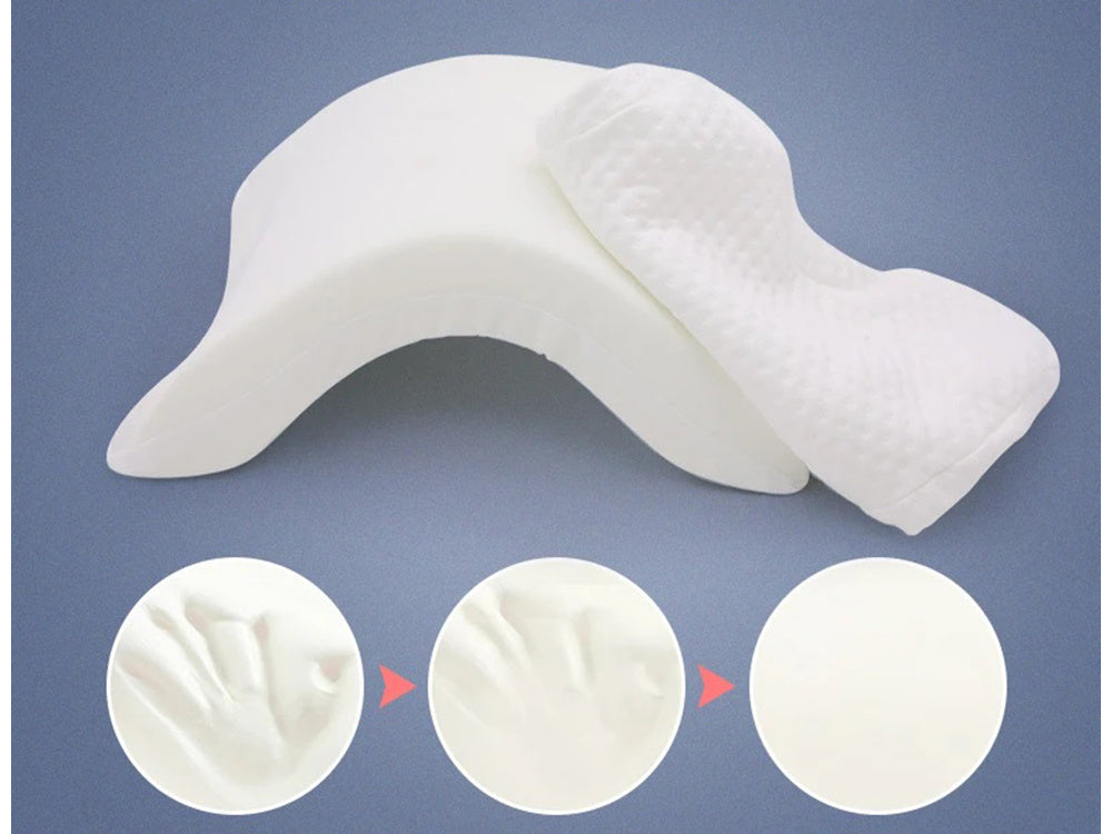 Ortopēdiskais spilvens ar roku izgriezumu miega atmiņas uzlabošanai, balts arkas formas spilvens